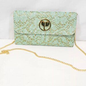 NWOT PERSAMAN NY Esme Raffia clutch/crossbody purse, Robins Egg Blue & Gold